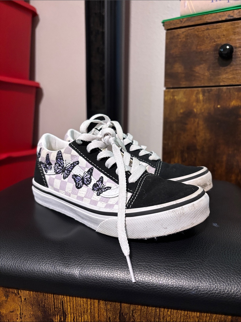 Vans Kids Black & Lavender Butterfly Checkerboard Old Skool